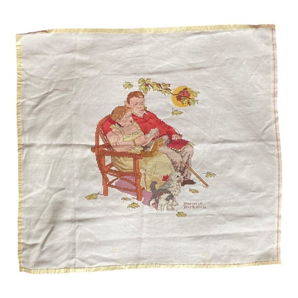 Norman Rockwell vintage cross stitch. Couple with animals on loveseat - Picture 7 of 14